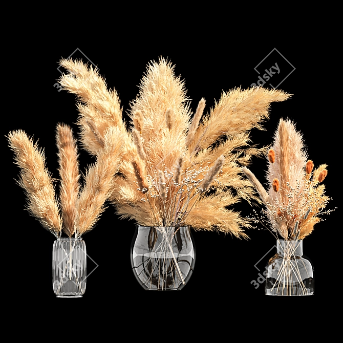 Pampas Dry Plants Bouquet in Glass Vase 3D model image 1