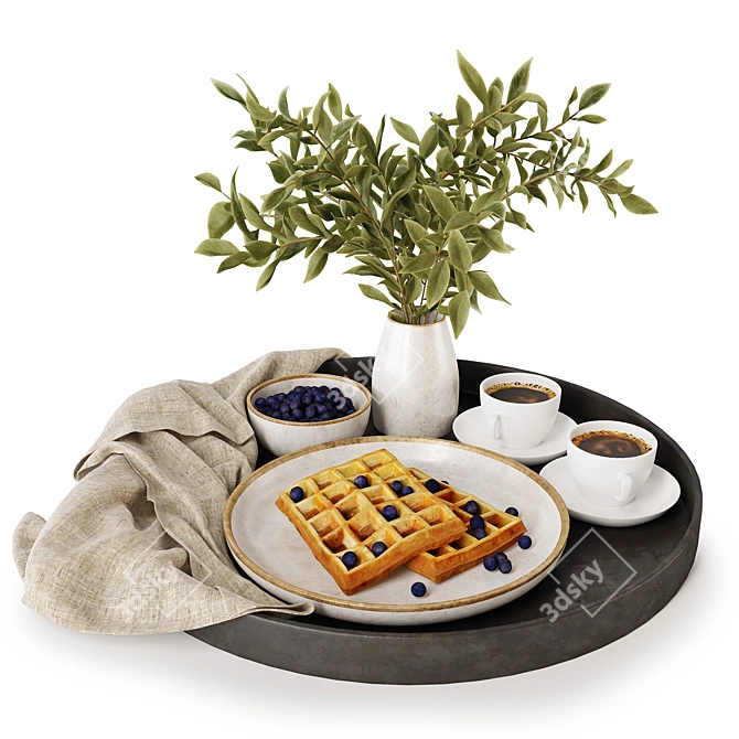 Title: Breakfast Tray with Coffee, Waffles & Blueberries 3D model image 1