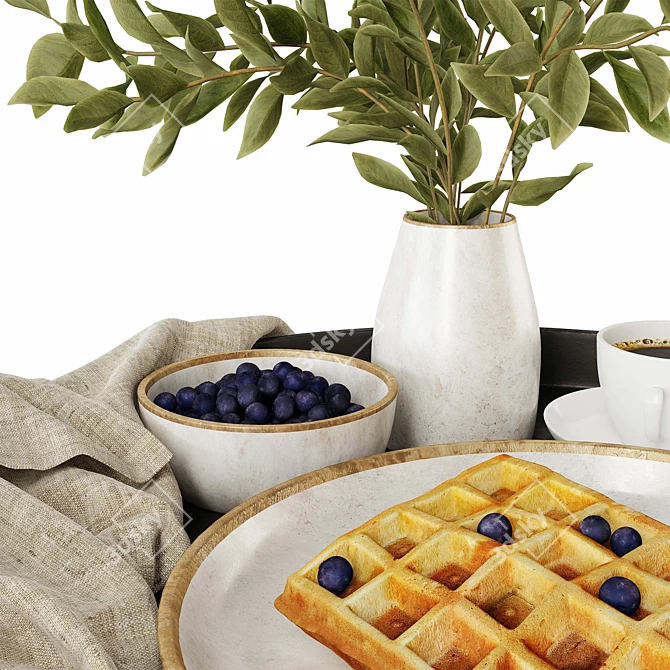 Title: Breakfast Tray with Coffee, Waffles & Blueberries 3D model image 6