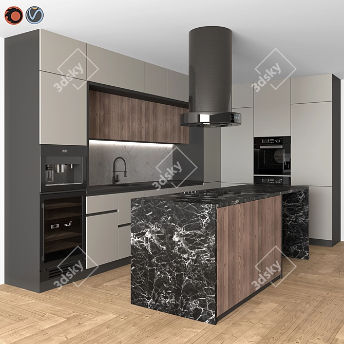 Modern Corner Kitchen Set - Including Miele Coffee Machine, Microwave, Oven & More 3D model image 1