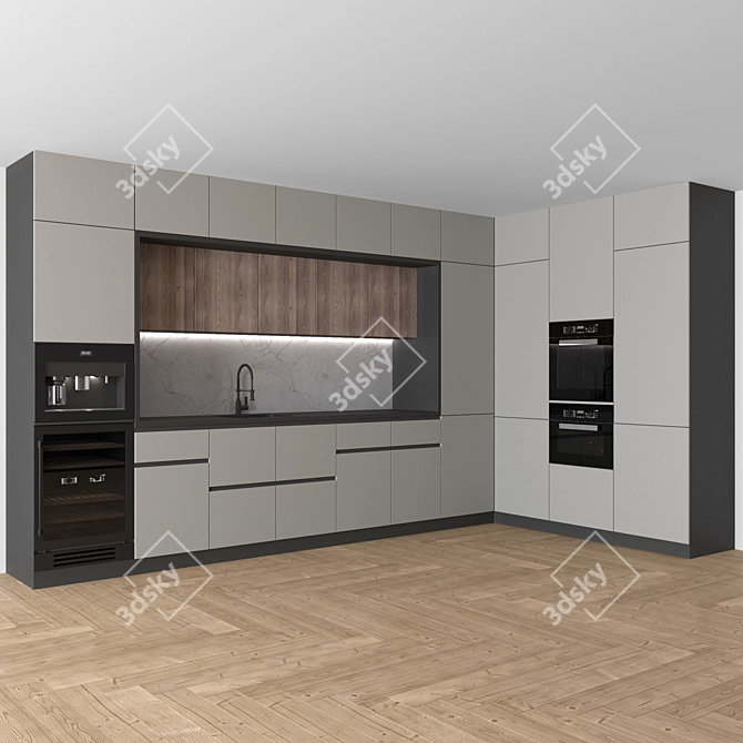 Modern Corner Kitchen Set - Including Miele Coffee Machine, Microwave, Oven & More 3D model image 2