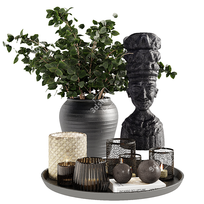 6-Piece Decorative Set: Plant, Glass, Book, Sculpture, Candle 3D model image 1