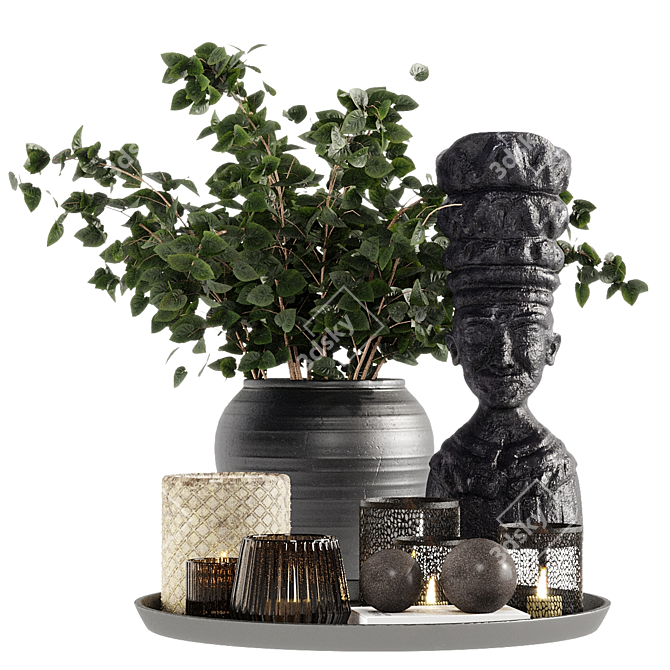 6-Piece Decorative Set: Plant, Glass, Book, Sculpture, Candle 3D model image 2