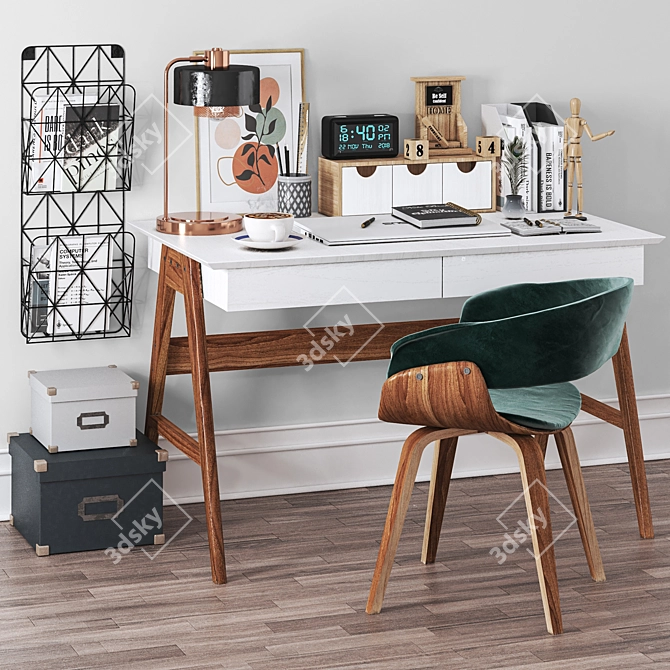 Modern Office Set - Desk, Chair, Lamp, Clock & Laptop 3D model image 1