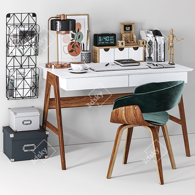 Modern Office Set - Desk, Chair, Lamp, Clock & Laptop 3D model image 5
