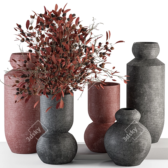 Red and Gray Vase and Plant Set 3D model image 1