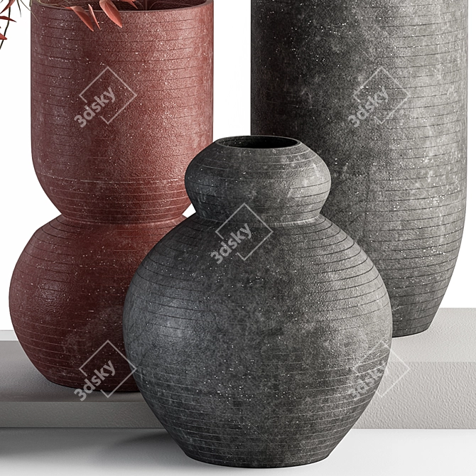 Red and Gray Vase and Plant Set 3D model image 3