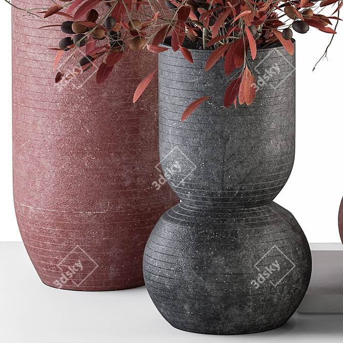 Red and Gray Vase and Plant Set 3D model image 4