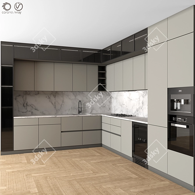 Modern Corner Kitchen Set with Appliances 3D model image 1