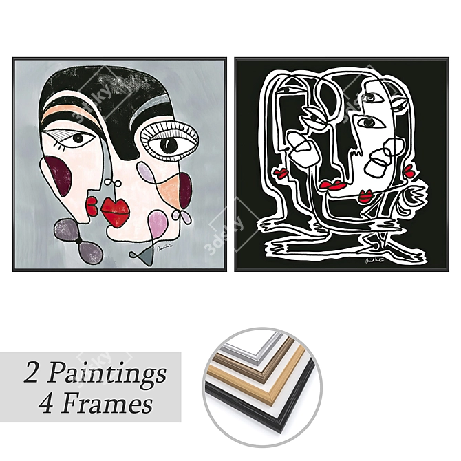 Artistic Wall Decor Set: Paintings & Frames 3D model image 1