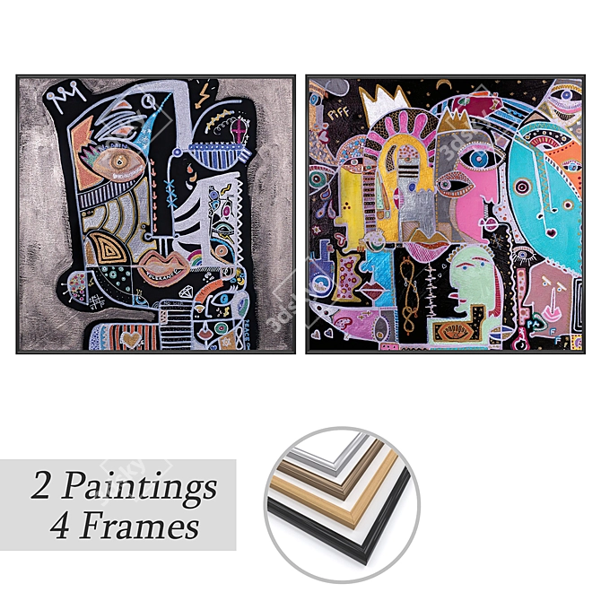 Elegant Art Set: 2 Paintings & 4 Frames 3D model image 1