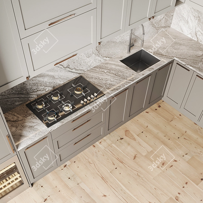 Modern Kitchen Set with Gas Hob, Oven, Coffee Machine, Wine Fridge, Sink & Hood 3D model image 4