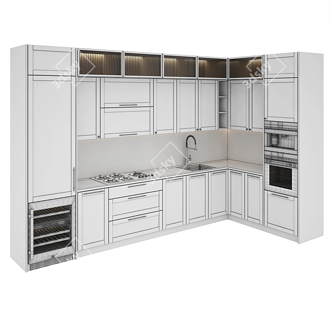 Modern Kitchen Set with Gas Hob, Oven, Coffee Machine, Wine Fridge, Sink & Hood 3D model image 6