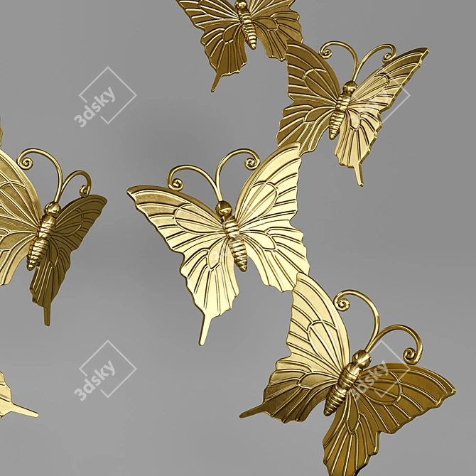 Golden Butterfly Statuette Set on Green Marble Stand 3D model image 2