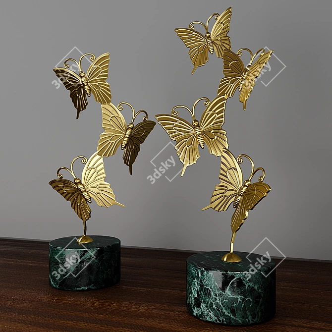 Golden Butterfly Statuette Set on Green Marble Stand 3D model image 3