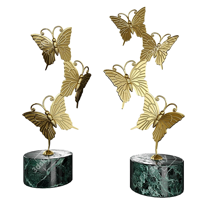 Golden Butterfly Statuette Set on Green Marble Stand 3D model image 5