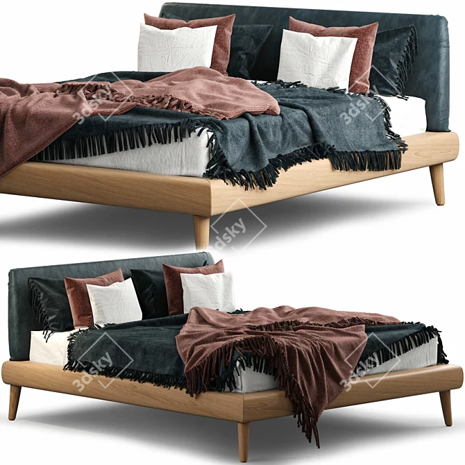 Elegant Wood Bed with Upholstered Headboard 3D model image 1