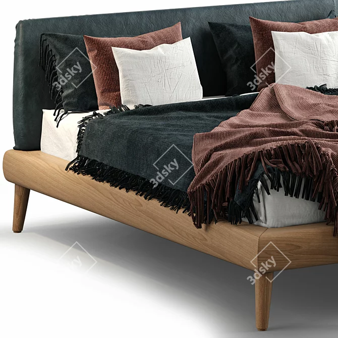 Elegant Wood Bed with Upholstered Headboard 3D model image 2