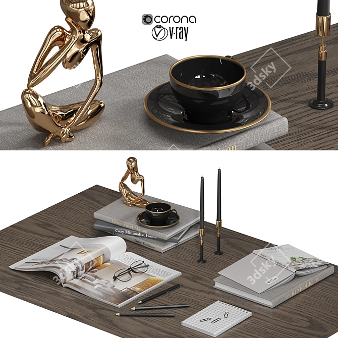 Elegant Decorative Set with Statue, Books, Pencils & More 3D model image 1