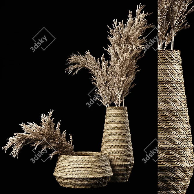 Pampas Bliss: Dried Bouquet & Rattan Vases 3D model image 1