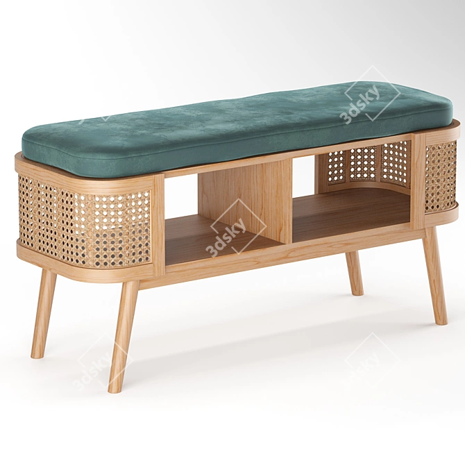 Elegant Ash Wood and Rattan Bedside Bench 3D model image 1