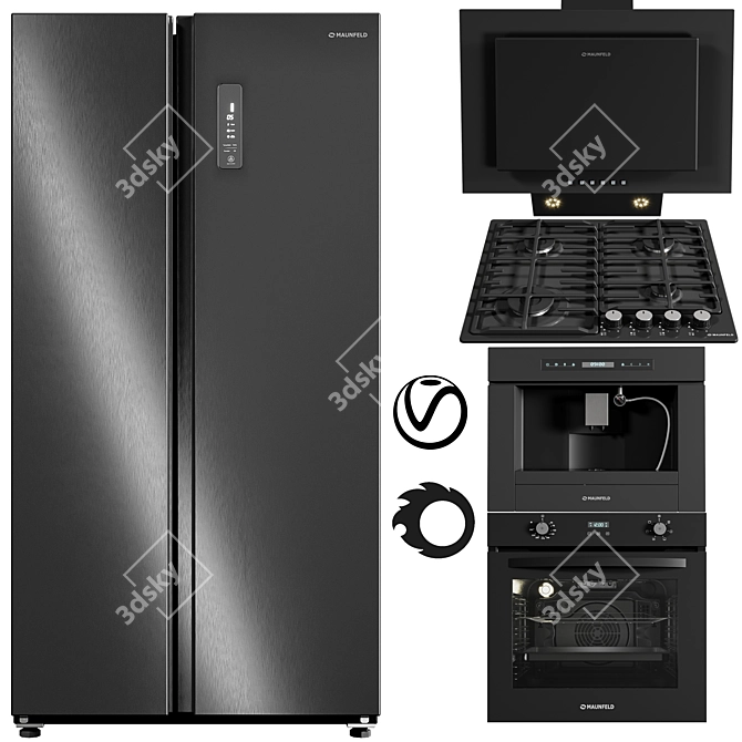 Complete Kitchen Set: Gas Hob, Refrigerator, Hood, Oven, Coffee Machine 3D model image 1