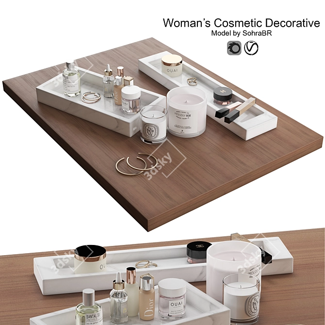 Haircare Decorative Set: Table, Tray, Candles, Earrings & Cosmetics 3D model image 1