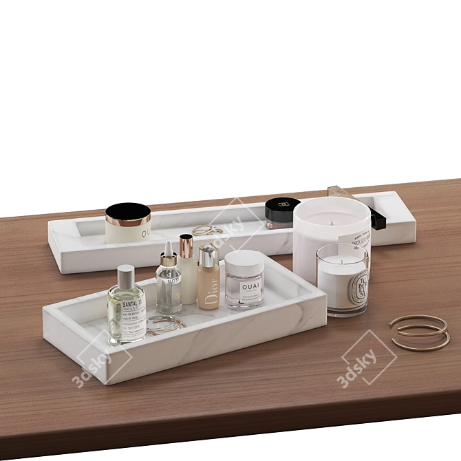 Haircare Decorative Set: Table, Tray, Candles, Earrings & Cosmetics 3D model image 3