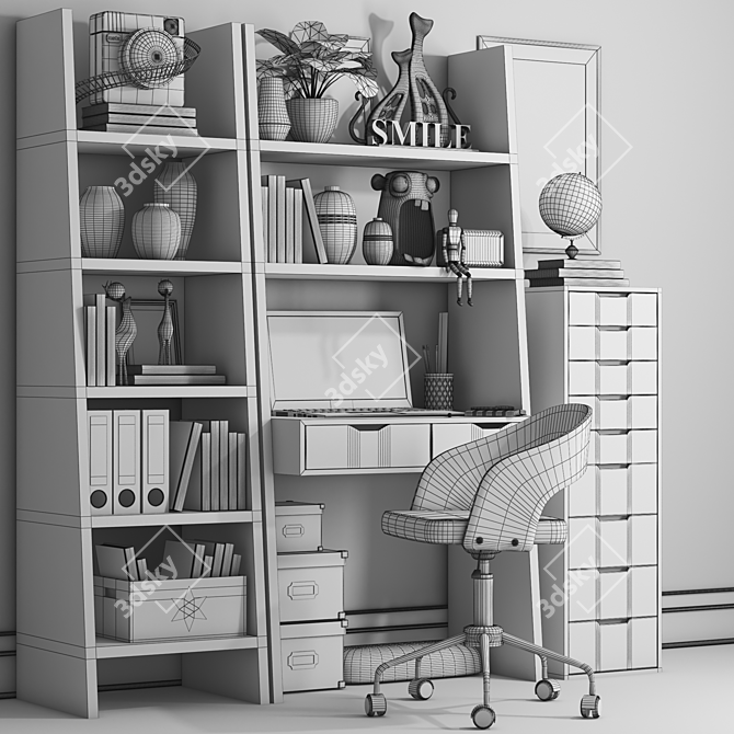 Versatile Workplace Set: Desk, Shelves, Lamp, Chair, Clock 3D model image 4