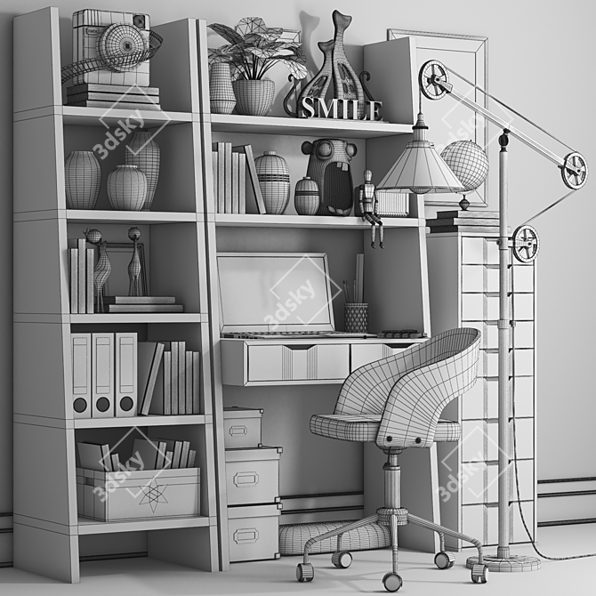 Versatile Workplace Set: Desk, Shelves, Lamp, Chair, Clock 3D model image 5
