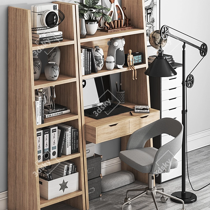 Versatile Workplace Set: Desk, Shelves, Lamp, Chair, Clock 3D model image 6