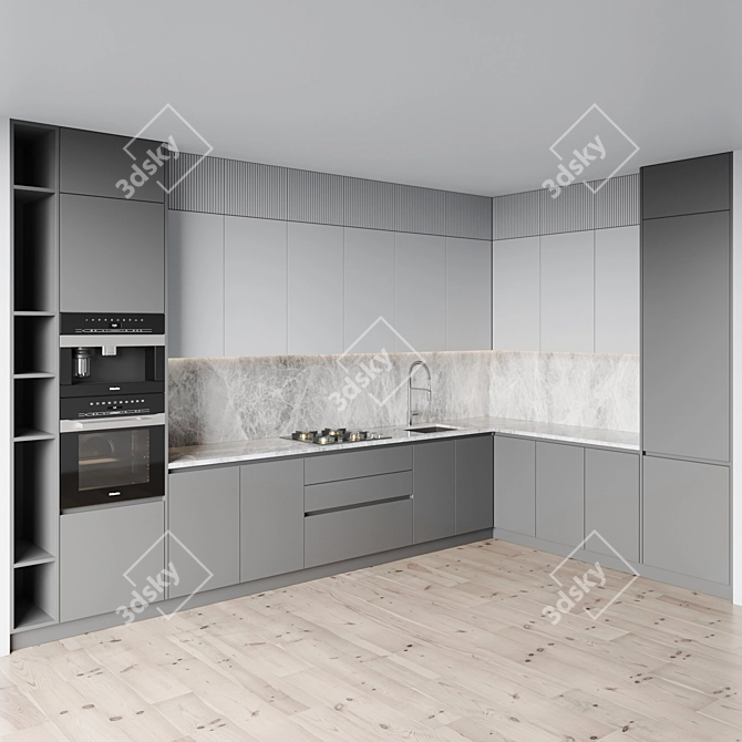 Modern Kitchen Set with Gas Hob, Oven, Coffee Machine, Sink and Hood 3D model image 2