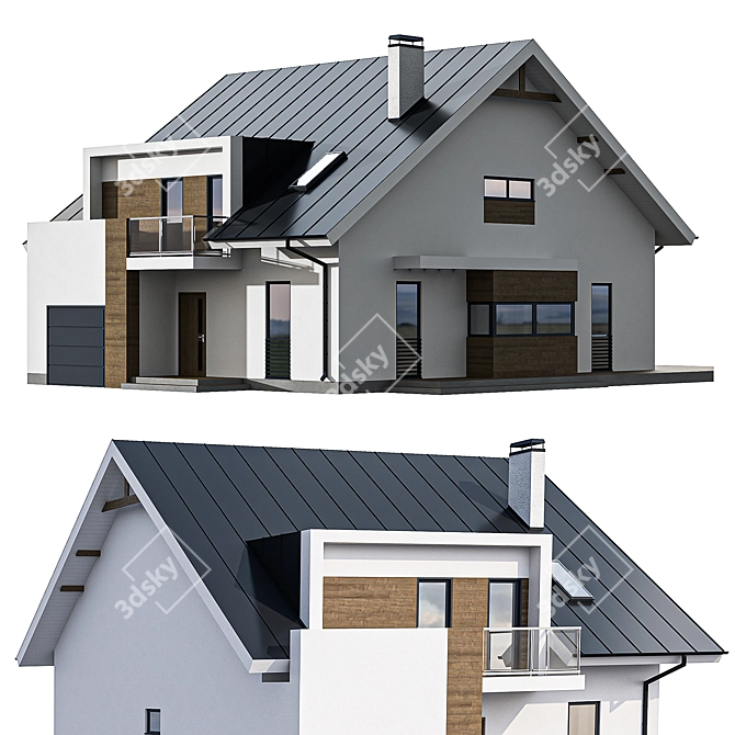 Modern Cottage with Garage: Balconies, Attic, Click Seam Roof 3D model image 3