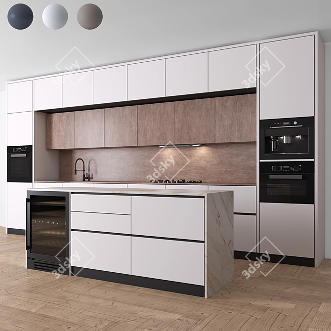 Sleek 3-Color Modern Kitchen 3D model image 2