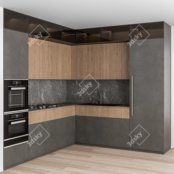 Sleek Black & Wood Kitchen 3D model image 1