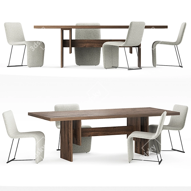 Rustic Beam Dining Table & Torrance Silver Branon Chair Set 3D model image 1