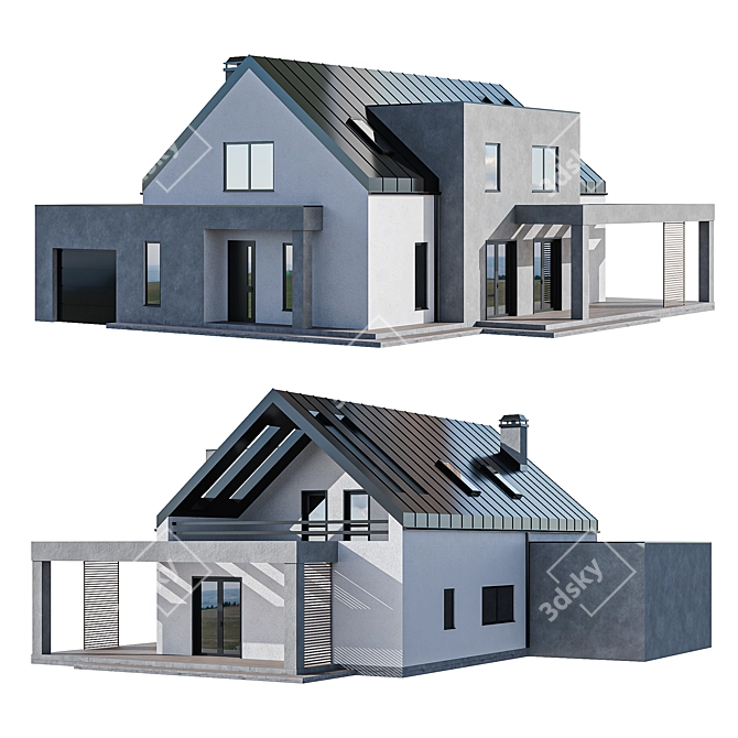 Modern Two-Story Cottage with Garage & Skylights 3D model image 2