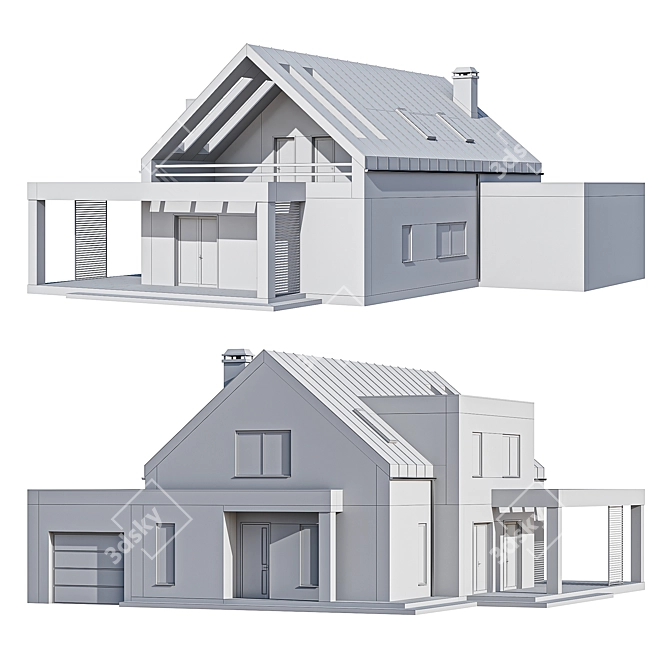 Modern Two-Story Cottage with Garage & Skylights 3D model image 5