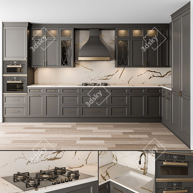NeoClassic Gray & Gold Kitchen Set 3D model image 5