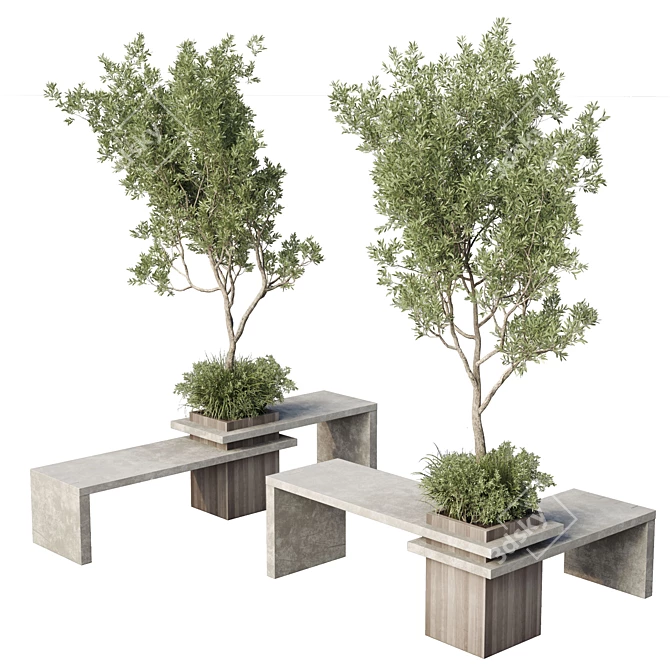 Cityscape Collection: Green Benches with Tree Planters 3D model image 1