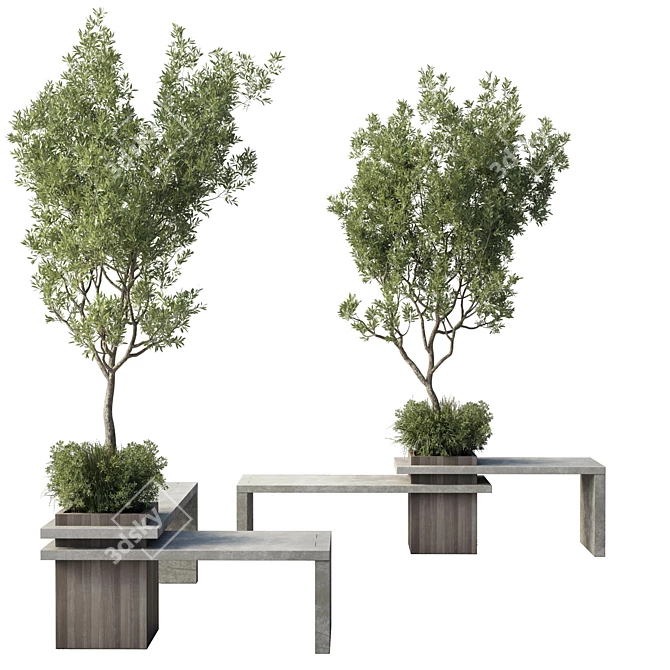 Cityscape Collection: Green Benches with Tree Planters 3D model image 2