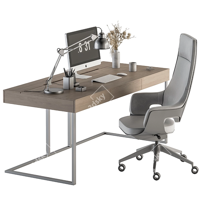 Modern White-Wood Home Office Table 3D model image 5