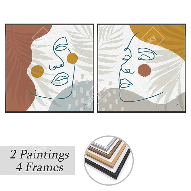 Modern Art Paintings Set: 2 Wall Art Pieces with 4 Frame Options 3D model image 1