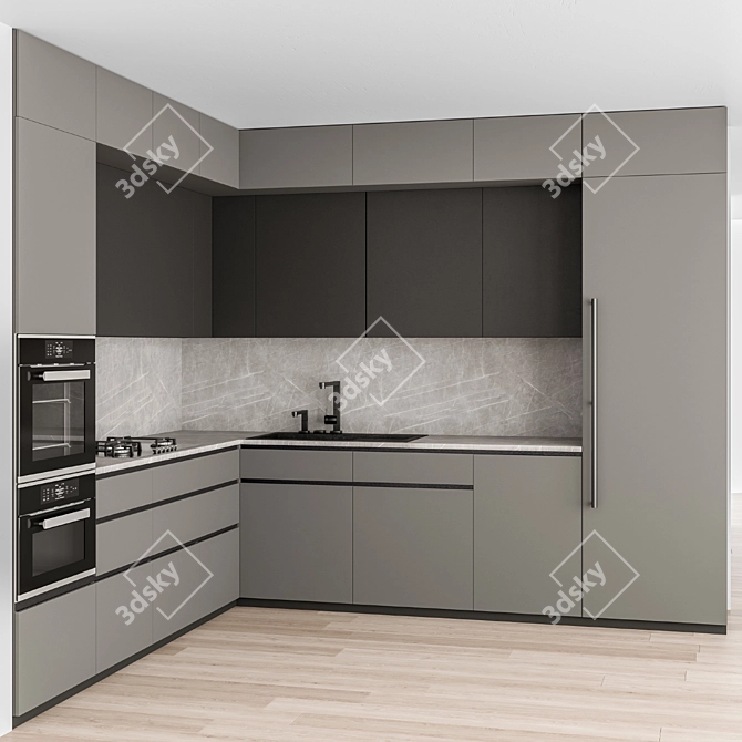 Sleek Gray & Black Kitchen 88 3D model image 1