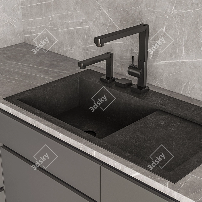 Sleek Gray & Black Kitchen 88 3D model image 2