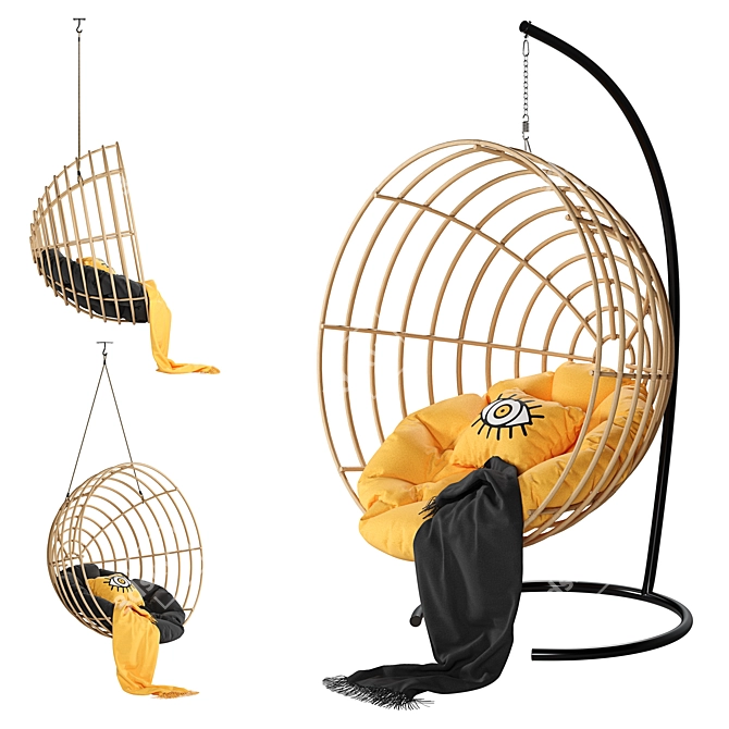 Natural Yellow Rattan Hanging Chair Set 3D model image 1