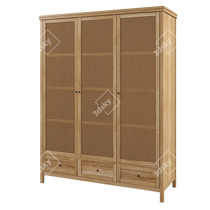 Gabin Triple Cabinet: Solid Pine & Rattan Perfection 3D model image 1