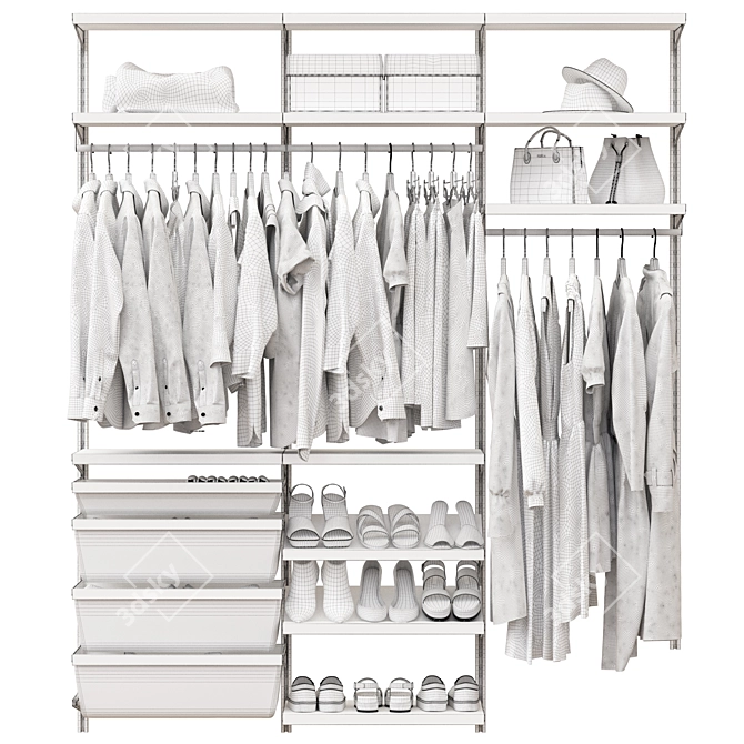 Modular Wardrobe with Wooden Shelves and Hangers 3D model image 2