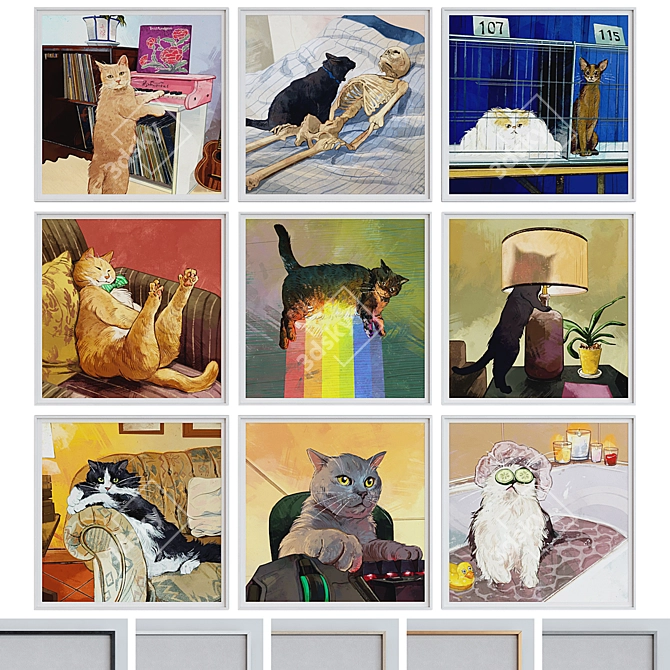 9-Piece Cat Meme Frame Set 3D model image 1