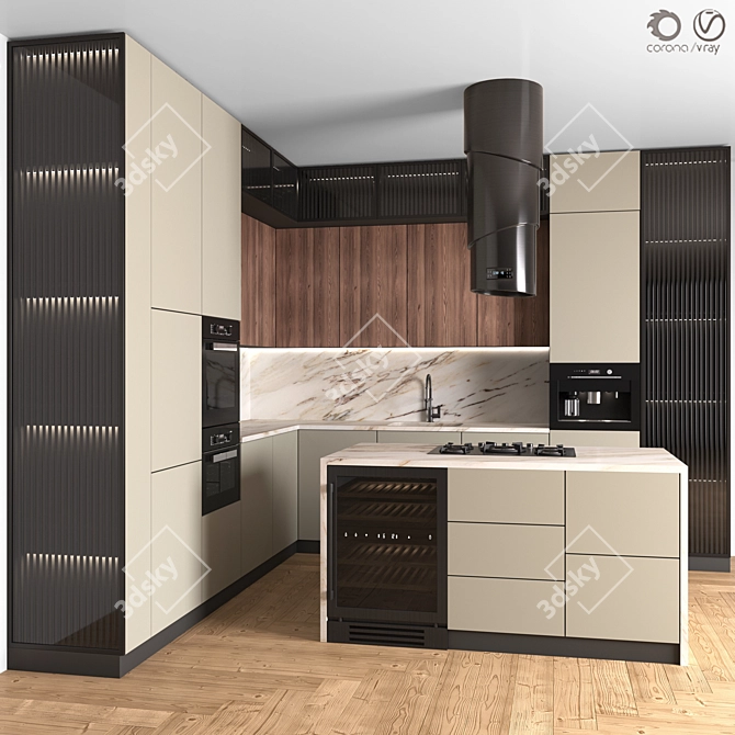 Modern Corner Kitchen Set with Appliances 3D model image 1